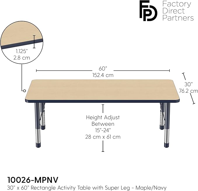FDP Rectangle Activity School and Classroom Kids Table (30 x 60 inch), Toddler Legs, Adjustable Height 15-24 inches - Maple Top and Navy Edge-Ruum Studio Home