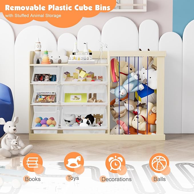 Kids Toy Storage Organizer with 6 Removable Plastic Bins Toddler Montessori Bookshelf with Stuffed Animal Net Holder Baby Bookcase Plush Organizer for Playroom,Bedroom,Kids Room,Classroom-Ruum Studio Home