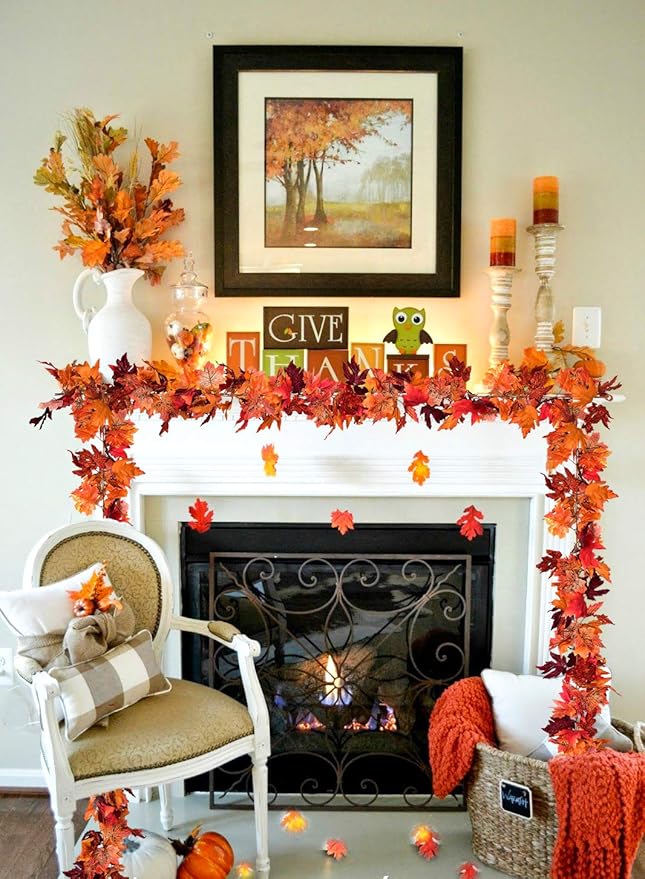 DearHouse 2 Pack Fall Garland Maple Leaf, 5.9Ft/Piece Hanging Vine Garland Artificial Autumn Foliage Garland Thanksgiving Decor for Home Wedding Fireplace Party Christmas (Red)-Ruum Studio Home