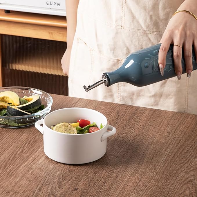 Sweejar Large Olive Oil Dispenser Bottle with Spout, 24 Oz Ceramic Oil Dispenser for Kitchen, Relief Opaque Oil Cruet, Oil Container for Cooking, EVOO, Avocado Oil, Vinegar, Pack of 1(Fog Blue)-Ruum Studio Home