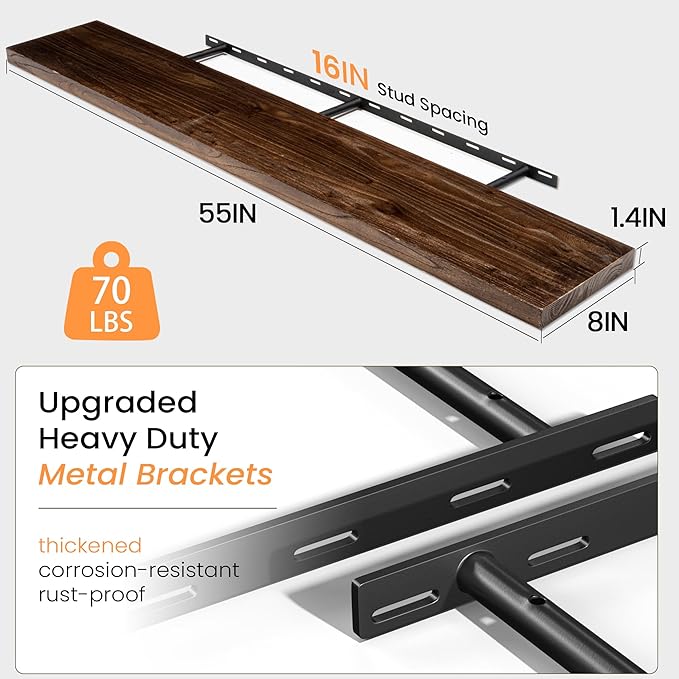 55 Inch Floating Shelves for Wall, Elm Wood Floating Shelves for Home Décor, Wall-Mounted Display Shelves with Heavy-Duty Bracket, Live Edge Long Floating Shelf for Kitchen, Living Room, Walnut-Ruum Studio Home