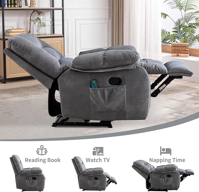 Massage Recliner Chair with Heat and Massage, Soft Fabric Ergonomic Manual Reclining Chairs, Heavy Duty Reclining Sofa Chair with Side Pockets for Living Room (Light Grey)-Ruum Studio Home
