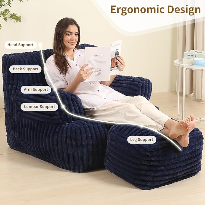Comfy Gaint Bean Bag Chair with Ottoman, Fluffy Huge Bean Bag Armchair for Adults and Teens, Dark Blue-Ruum Studio Home