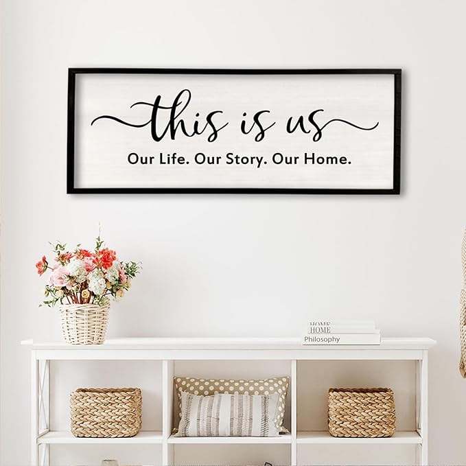 This is us Wall Decor Sign 32'' x 12'' Large Master Bedroom Home Life Story Wood Framed Vintage Family Sign Rustic Plaque Living Room Minimalist Farmhouse Hanging Wall Art (Black)-Ruum Studio Home