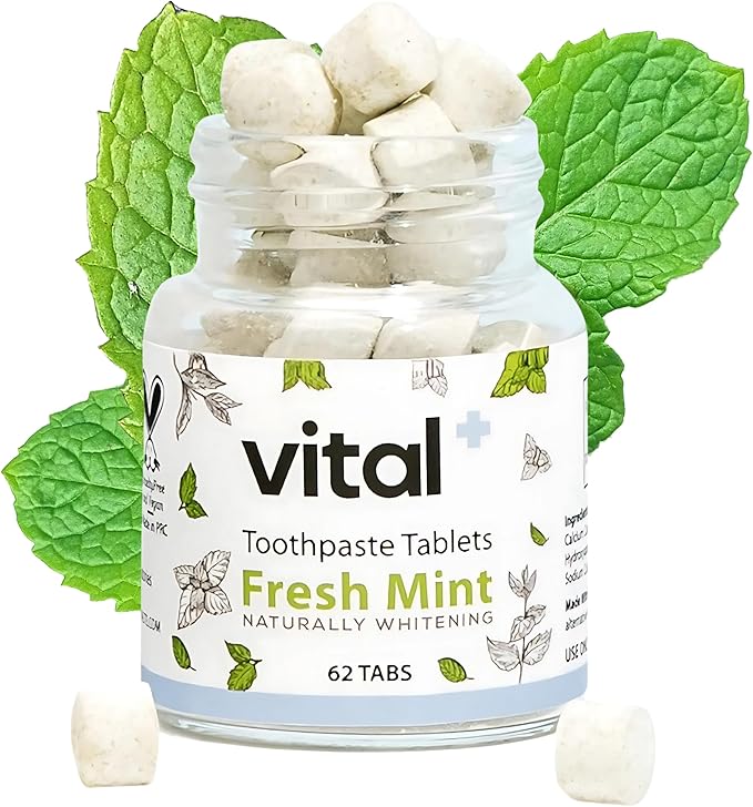 Vital Toothpaste Tabs with 7% Nano-Hydroxyapatite | Naturally Whitens + Remineralizes Teeth | Fluoride & Plastic Free | Combats Sensitivity | Travel & Eco Friendly | Fresh Mint | 62 Tablets (1 Month)-Ruum Studio Home
