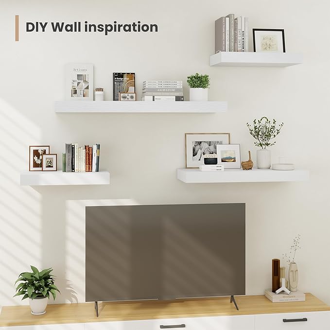 Heimlove 12 Inch Deep Floating Shelves, 48 x 12 inches Long Wall Shelf, Large Display Shelf & Storage Shelf, Rustic Wood Wall Shelves for Fireplace Mantel, Set of 2(White)-Ruum Studio Home