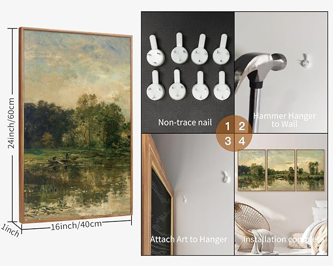 Tinonedraw Vintage Landscape Framed Canvas Wall Art Set of 3, French Country Art Prints, Nature Green Trees and Lake Art Paintings, Rustic Aesthetic Wall Decor for Living Room Bedroom Office 16"x24"x3-Ruum Studio Home