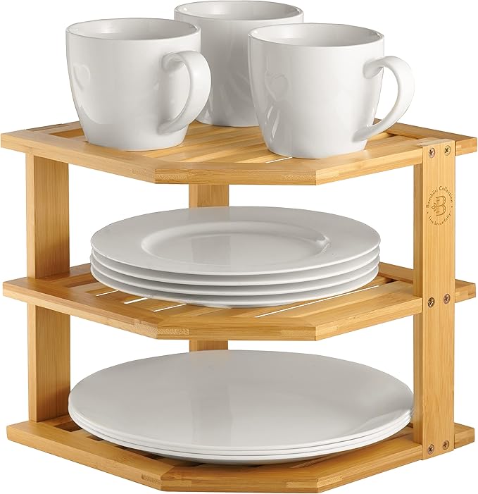 2-Pack Plate Organizer for Cabinet - Bamboo Corner Shelf for Kitchen or Bathroom Storage, Space-Saving Rack for Dishes, Countertop, Cabinet, Pantry - Organization & Housewarming Gift-Ruum Studio Home