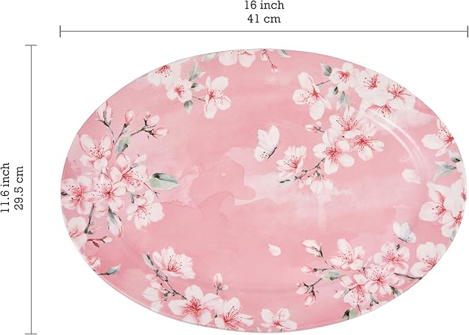 Bico Spring Sakura 16 plus 14 inch Ceramic Oval Platters Set, Set of 2, Microwave & Dishwasher Safe, for Serving Fish, Chicken, Turkey-Ruum Studio Home