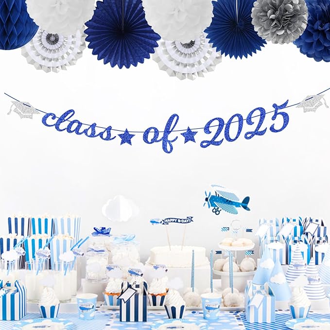 Navy-Blue White-Silver Party-Decoration Graduation Banner - 14pcs Kits Cap Garland Streamers, Royal Paper Tissue Pom Poms Flowers Fans Honeycomb,Class Of 2025 College High School Grad Decor Hugfond-Ruum Studio Home