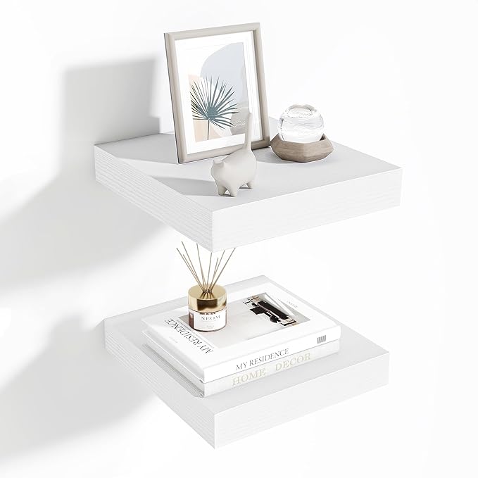Fun Memories Floating Shelves for Wall 10 Inch, 10 Inch Deep Square Wall Shelves, Bathroom Storage Shelves Over Toilet, Wood Floating Shelves for Living Room Bedroom, White, Set of 2-Ruum Studio Home