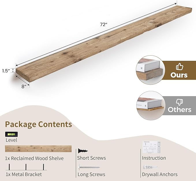 72 inch Floating Shelves for Wall, 8" Deep Rustic Reclaimed Barnwood Shelves, Floating Shelf Wall Hanging Shelves with Invisible Heavy-Duty Metal Bracket | Wall Mounted | Farmhouse Style, 1PC,Natural-Ruum Studio Home