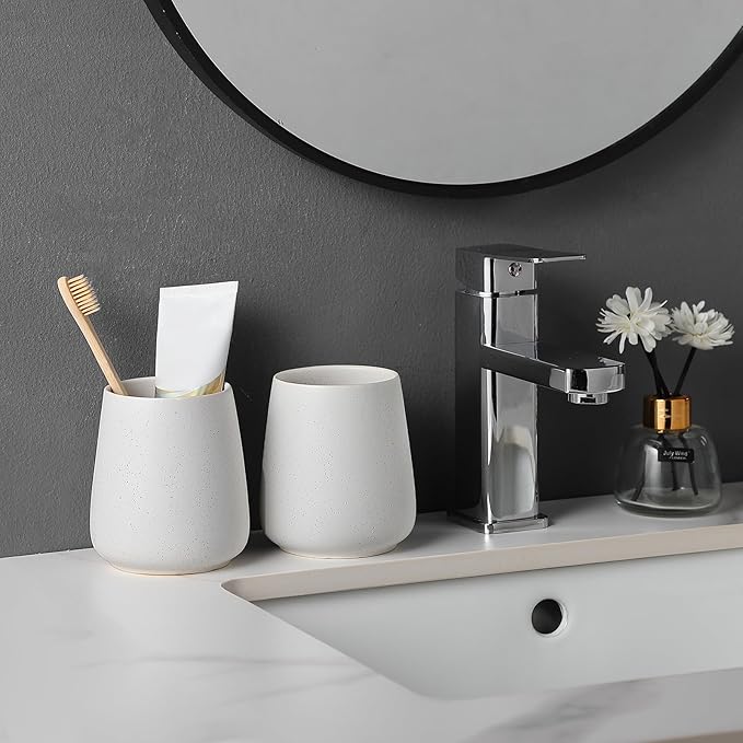 Speckled White Ceramic Toothbrush Holder - Bathroom Tooth Brushing Holders, Toothbrush Cup, Toothpaste Organizer for Bathroom Countertop, Makeup Brush Holder, Pen Holder for Home Desktop Storage-Ruum Studio Home
