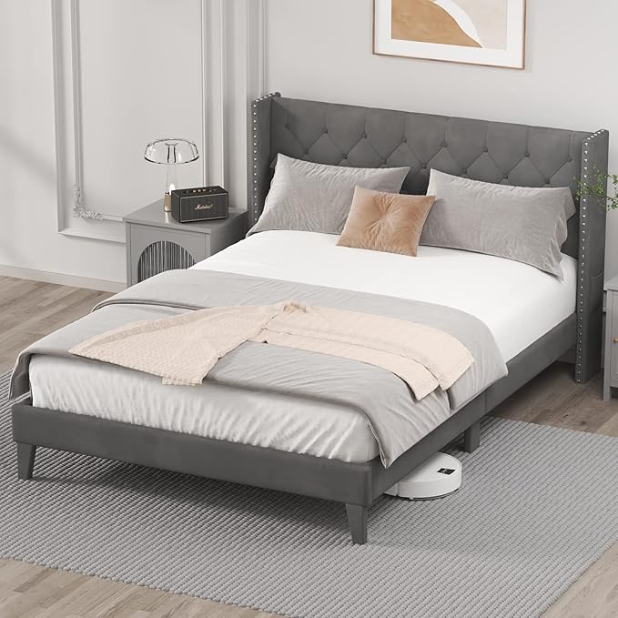 King Size Bed Frame with LED Lights, Upholstered Bed Frame with Wingback Diamond Tufted Headboard, Wood Slats Support, Noise-Free, Easy Assembly, No Box Spring Needed, Grey-Ruum Studio Home