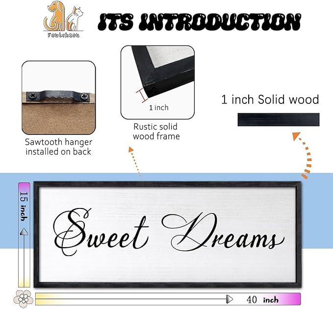 Sweet Dreams Wall Decor Above Bed 40x15 Inch Large Master Bedroom Hanging Wood Rustic Framed Farmhouse Sweet Dreams Sign Guest Room Aesthetic And Minimalist Over Bed Wall Art（Black）-Ruum Studio Home
