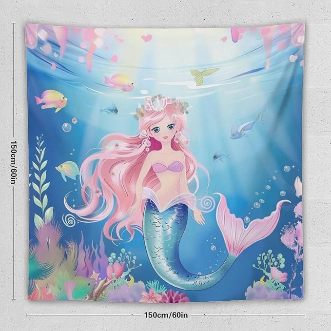 HZOHNAGO Mermaid Girls Tapestry Watercolor Mermaid Princess Pattern Printed Wall Tapestry Wall Hanging for Bedroom Living Room Dorm 60" W x 60" H-Ruum Studio Home