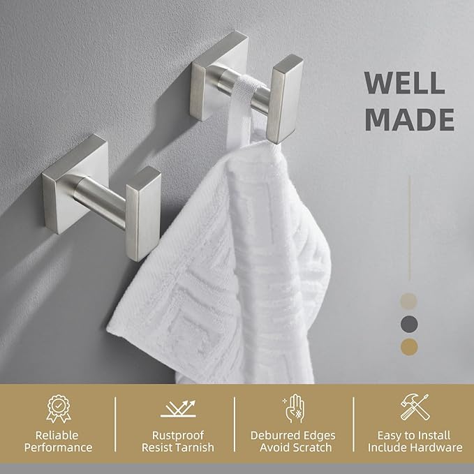 Angle Simple Bathroom Towel Hook 2 Pack, SUS304 Stainless Steel Bath Robe Holder, Modern Coat Hook Wall Mounted, Brushed Nickel-Ruum Studio Home