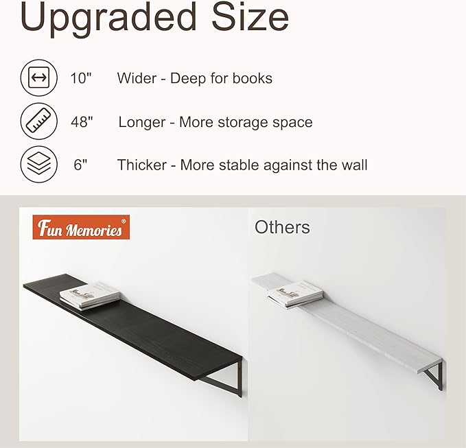 Floating Shelves 48 Inch Long, 10" Deep Floating Shelves, Black Wall Shelves 48 x 10, Set of 2, Wide Large Display Storage Shelves for Bathroom, Living Room, Rustic Wood Shelves with Brackets-Ruum Studio Home