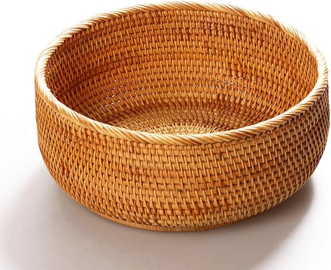 Hadewoven Round Rattan Fruit Basket Wicker Food Tray Weaving Storage Holder Dinning Room Bowl, 10 Inch Woven Bread Basket Key Bowls with 4”Wall for Table, Countertop (Large 9.8")-Ruum Studio Home