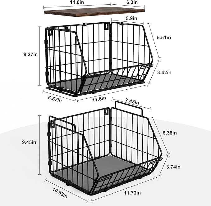 Wetheny 2 Tier Stackable Wall Mounted Wire Basket Fruit Basket with Wood Lid - Kitchen Pantry Organization and Storage, Hanging Storage Basket for fruits, Onion, Potato, Produce, Vegetable (Black)-Ruum Studio Home