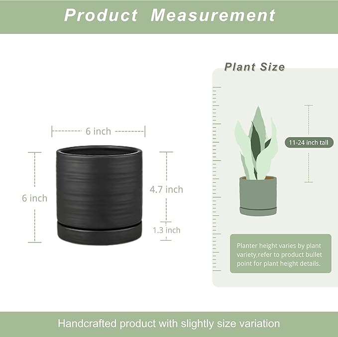 6 Inch Plant Pots, Ceramic Planter Pot with Drainage Hole & Saucer, Indoor/Outdoor Cylinder Round Planter Pot, Matte Black-Ruum Studio Home