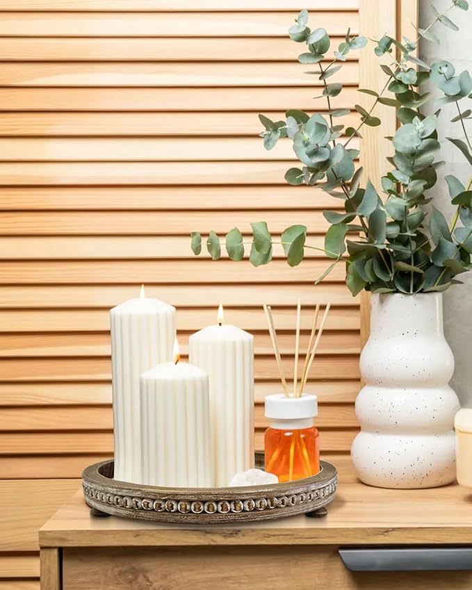 12 Inches Rustic Wooden Decorative Tray, Small Round Beaded Wood Tray for Kitchen Dinning Table Centerpiece Decor Entryway Living Room Home Decor, Brown-Ruum Studio Home