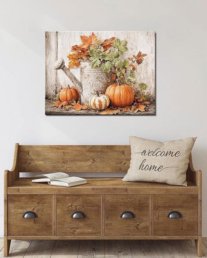Autumn Pumpkin and Watering Can Canvas Wall Art, Rustic Fall Leaves Print Farmhouse Picture for Thanksgiving Decorations, Fall Wall Art Decor Ready to Hang-Ruum Studio Home