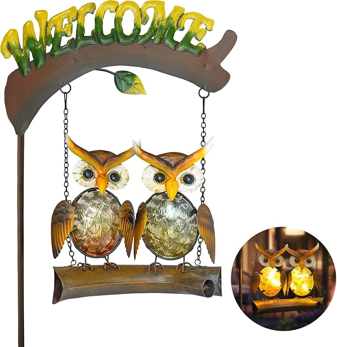 HONGLAND Solar Lights Outdoor Decor, Owl Swing Garden Decor, Owl Gifts for Women Mom, Whimsical Garden Lights Outdoor Decorations with Welcome Sign for Outside Patio Yard Lawn Decor-Ruum Studio Home