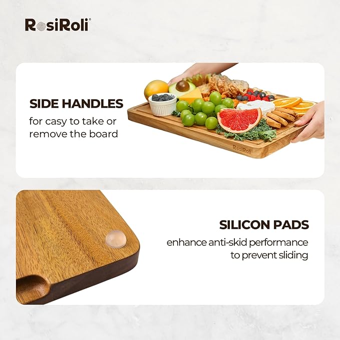 Acacia Wood Cutting Board for Kitchen - 0.8 inch Thick Wood Charcuterie Cheese Board with Side Handles and Juice Grooves, Wooden Chopping Block for Meat and Veggies, 13x10 inch-Ruum Studio Home