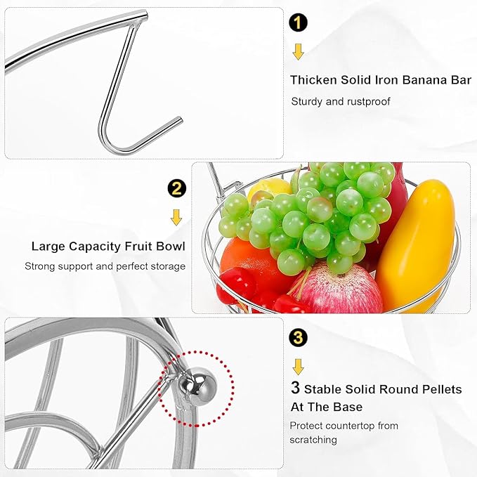 Livabber Countertop Fruit Basket Bowl with Banana Hanger, Modern Standing Fruit Vegetable Bowl Storage, with Banana Tree Holder for Kitchen Dinning Table (Round Metal, Chrome)-Ruum Studio Home