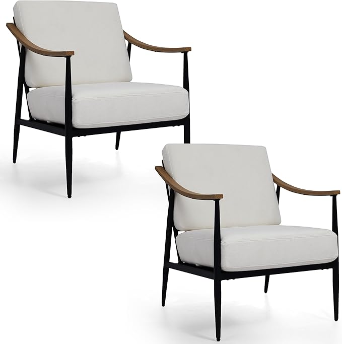 Modern Accent Chairs Set of 2 for Living Room Bedroom Mid Century Arm Chairs Upholstered Office Accent Chairs Comfy Waiting Room Chairs with Metal Frame, Cream White-Ruum Studio Home