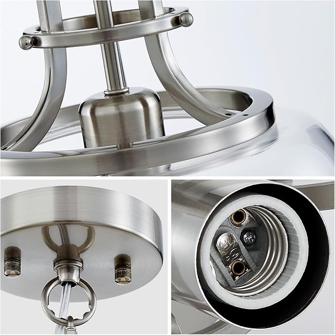 WUZUPS Chandelier Rustic Farmhouse Industrial Round Ceiling Pendant LED Light Fixture with Clear Glass Shades for Dining Room Kitchen Island Foyer Entryway, H 13" x W 10", E26 Base, Brushed Nickel-Ruum Studio Home