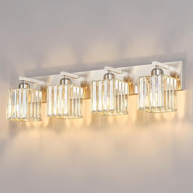 Modern Vanity Light 4-Lights Brushed Nickel Vanity Light Crystal Bathroom Wall Light Bathroom Light Fixtures-Ruum Studio Home