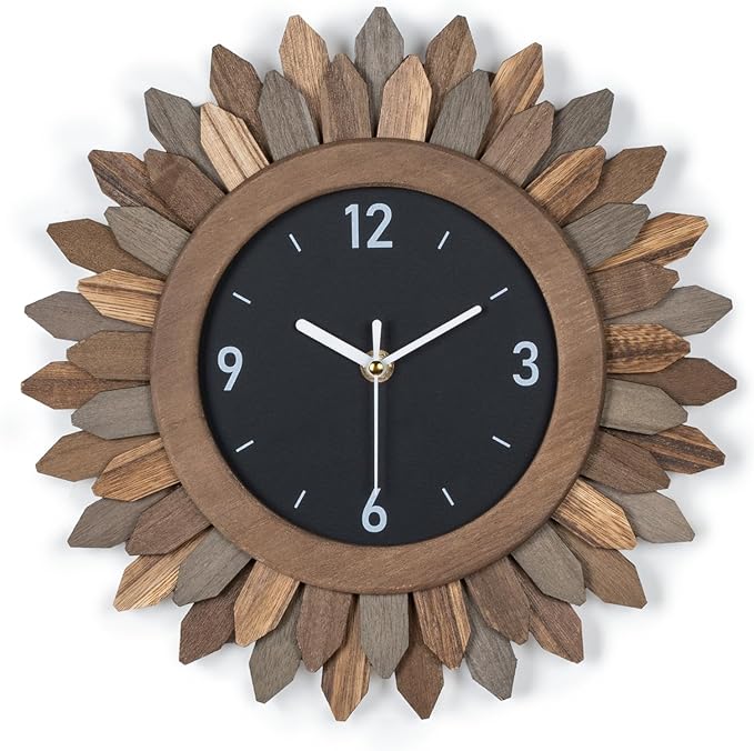 Honiway Wall Clock Battery Operated 12 in Rustic Wood Boho Sunburst Decorative Wall Clock Silent Non Ticking Farmhouse Small Wall Clocks for Living Room Kitchen Bathroom Bedroom Decor (Tricolor)-Ruum Studio Home