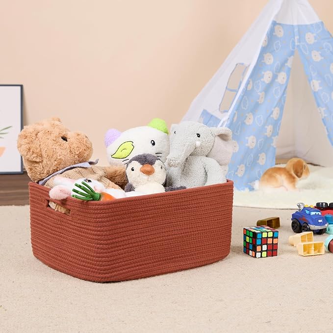 Large Storage Baskets for Shelves, Closet Organizers Bins for Clothes Blanket Towels, Baby Nursery, Toy Baskets Box, Woven Rope Baskets, 17 x 13 x 7.5”, 2 Packs Oxide Red-Ruum Studio Home