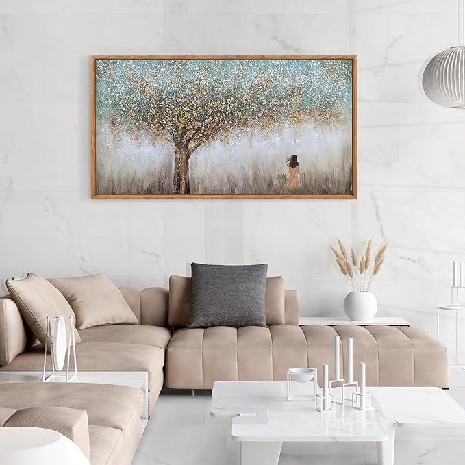 Aurlan Tree of Life Hand Painted Framed Wall Decor(40"x20"), Large Abstract Girl under Tree Oil Painting Canvas Artwork, Modern Nature Landscape Art for Office Living Room Bedroom-Ruum Studio Home