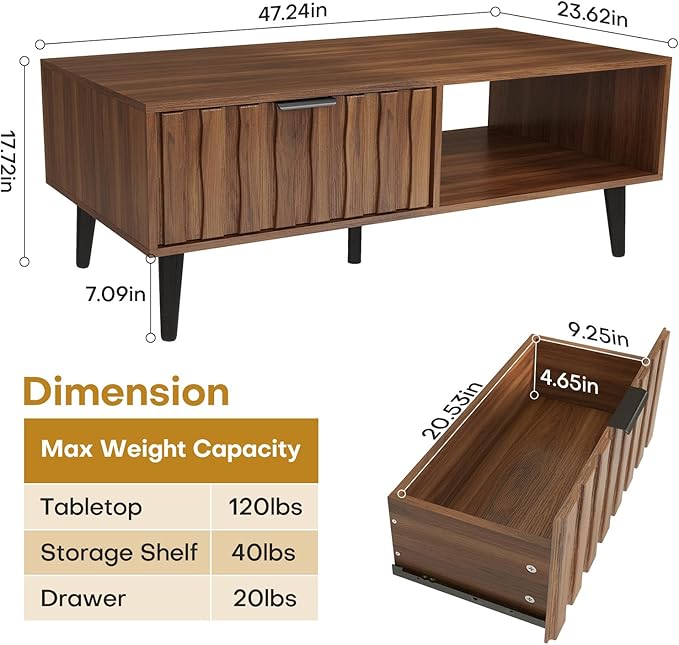 Mid Century Modern Coffee Table with Grooved Drawers & Open Storage, 47" MDF Walnut Wood Center Table with Black Solid Wood Legs, Retro Living Room Furniture-Ruum Studio Home