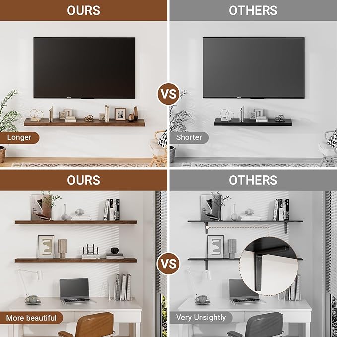 Heimlove 55 Inch Long Floating Shelves for Wall,9.3" Deep Walnut Floating Shelf Set of 2,Large Display Shelf & Storage Shelf,Wall Mounted Shelves for Bedroom Living Room Kitchen Office-Ruum Studio Home