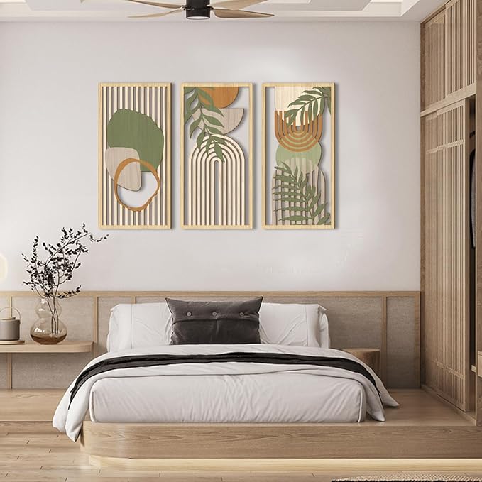 IARTTOP Boho Mid-century Modern Wood Wall Art 16x32 Inch Large Green Abstract Wood Wall Decor Mid Century Bohemian Artwork for Bedroom Living Room Office Kitchen Set of 3-Ruum Studio Home