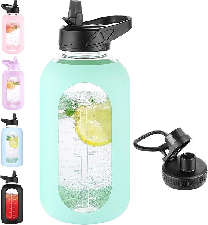 64 oz Glass Water Bottle With Straw and Handle, Half Gallon Sports Motivational Water Jug Flask with Silicone Sleeve, Large Water Cup with Time Marker for Travel, Gym, Seafoam-Ruum Studio Home