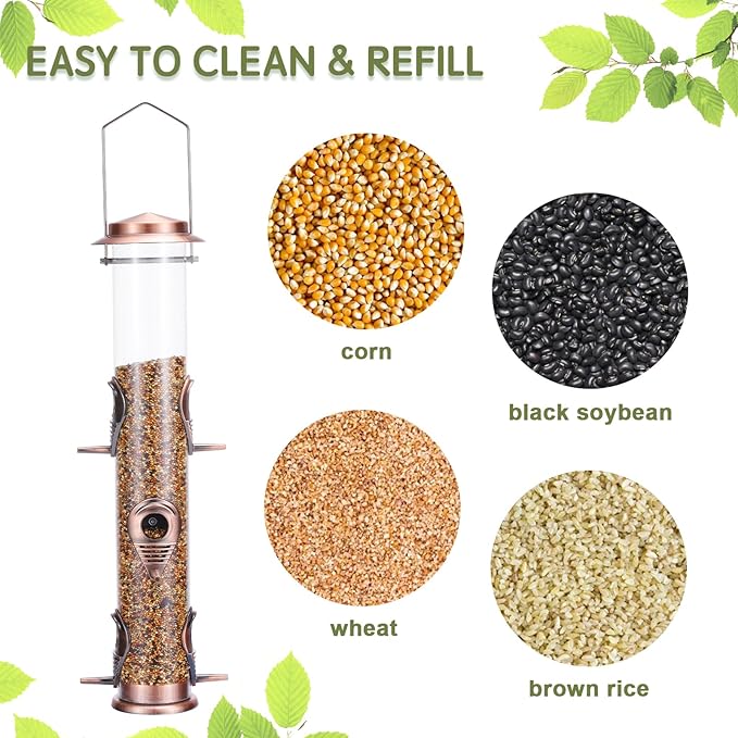 MIXXIDEA 2PK Metal Wild Bird Feeder Squirrel Proof for Outside Hanging - 6 Port Tube Transparent Finch Feeder With Steel Hanger (Antique Copper)-Ruum Studio Home