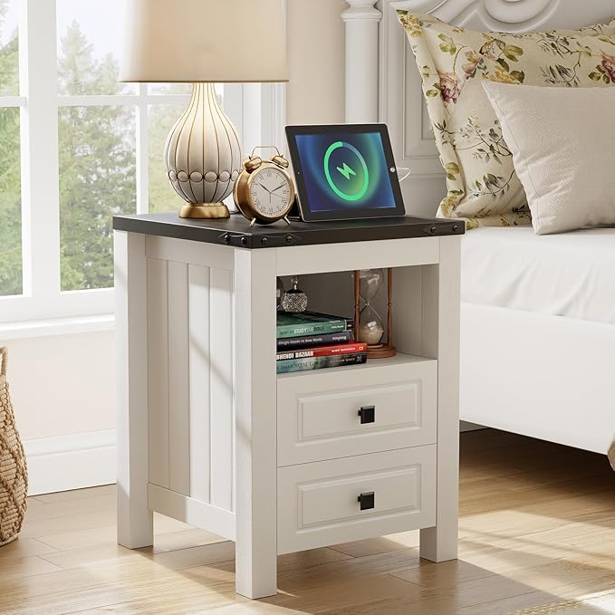 Apicizon End Table, Farmhouse End Tables with Charging Station, Nightstand with Drawers and Storage Cabinet, Wood Coffee Table for Small Spaces, Sofa Side Table for Living Room, Bedroom-Ruum Studio Home