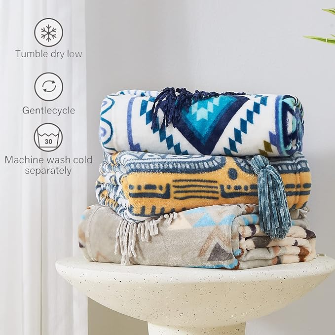 CASAAGUSTO Boho Throw Blanket - Green and Beige Decorative Blankets with Tassel, Printed Flannel Bohemian Blanket for Chair, Bed, Sofa, Couch(60 * 80, Green and Beige)-Ruum Studio Home