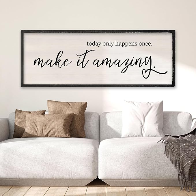 Today Only Happens Once Make It Amazing Wall Art Decor 32x12 Inch Large Inspirational Quote Sign Rustic Living Room Vintage Wood Frame Office Motivational Home Wall Hanging (Black)-Ruum Studio Home