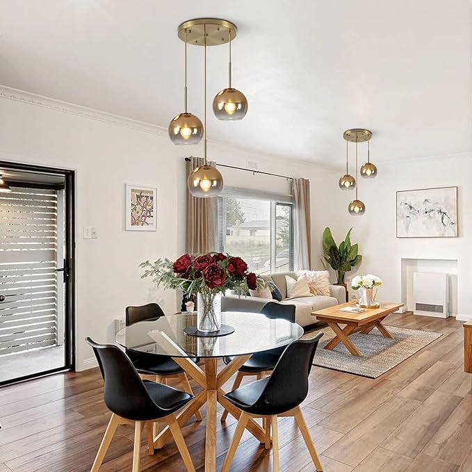 KCO Lighting 3 Light Globe Cluster Pendant Light Modern Glass Cluster Chandelier Gold Glass Pendant Light Fixture Mid Century Dining Room Chandelier Multi Pendant Light Fixture-Ruum Studio Home