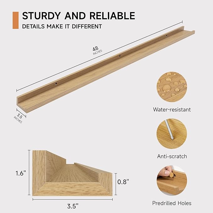 Picture Ledge Shelf for Wall, Floating Shelves Set of 4, 48 Inch Long Nursery Book Shelves for Toys Storage, Kids Bookshelf Wall Mounted for Books Photo Frames, Oak-Ruum Studio Home