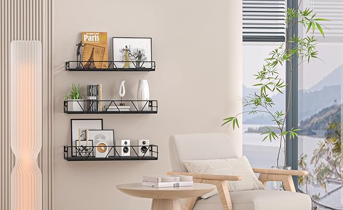 Floating Shelves Set of 3, Home Wood Wall Shelf, Farmhouse Shelf for Bedroom, Wall Mounted Floating Shelf for Living Room, Bedroom, Bathroom, Kitchen, Office (Black 2)-Ruum Studio Home