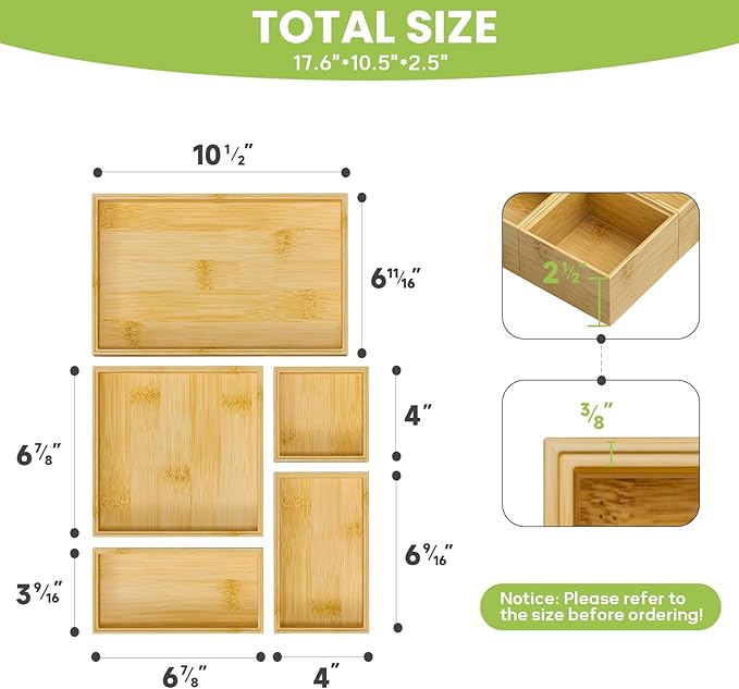 Bamboo Drawer Organizer Set, 5 PCS Multi-use Varied Sizes Junk Drawer Organizer Kitchen Storage Box for Office, Home, Bedroom, Bathroom, Bamboo-Ruum Studio Home