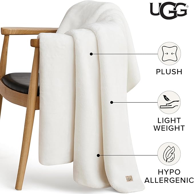UGG Whitecap Plush Throw Blanket Fleece Lightweight Soft Cozy Throw for Couch or Bed Luxury Home Decor for Living Room Washable Hypoallergenic Blankets for Dorm Decor, 50-inch x 70-inch, White Snow-Ruum Studio Home