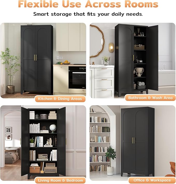 70.87" H Metal Kitchen Pantry Cabinet, Freestanding Cupboard with 2 Doors and 4 Adjustable Shelves, Tall Metal Storage Cabinet for Kitchen, Bathroom, Dinning Room or Laundry Room （Black）-Ruum Studio Home